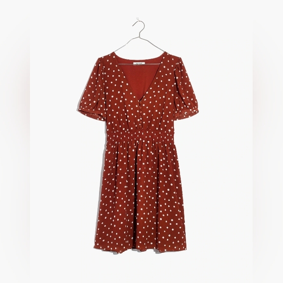 Madewell Smocked-Waist Mini Dress Polka Dots Neutral Preppy Wardrobe Size Medium - Picture 1 of 14